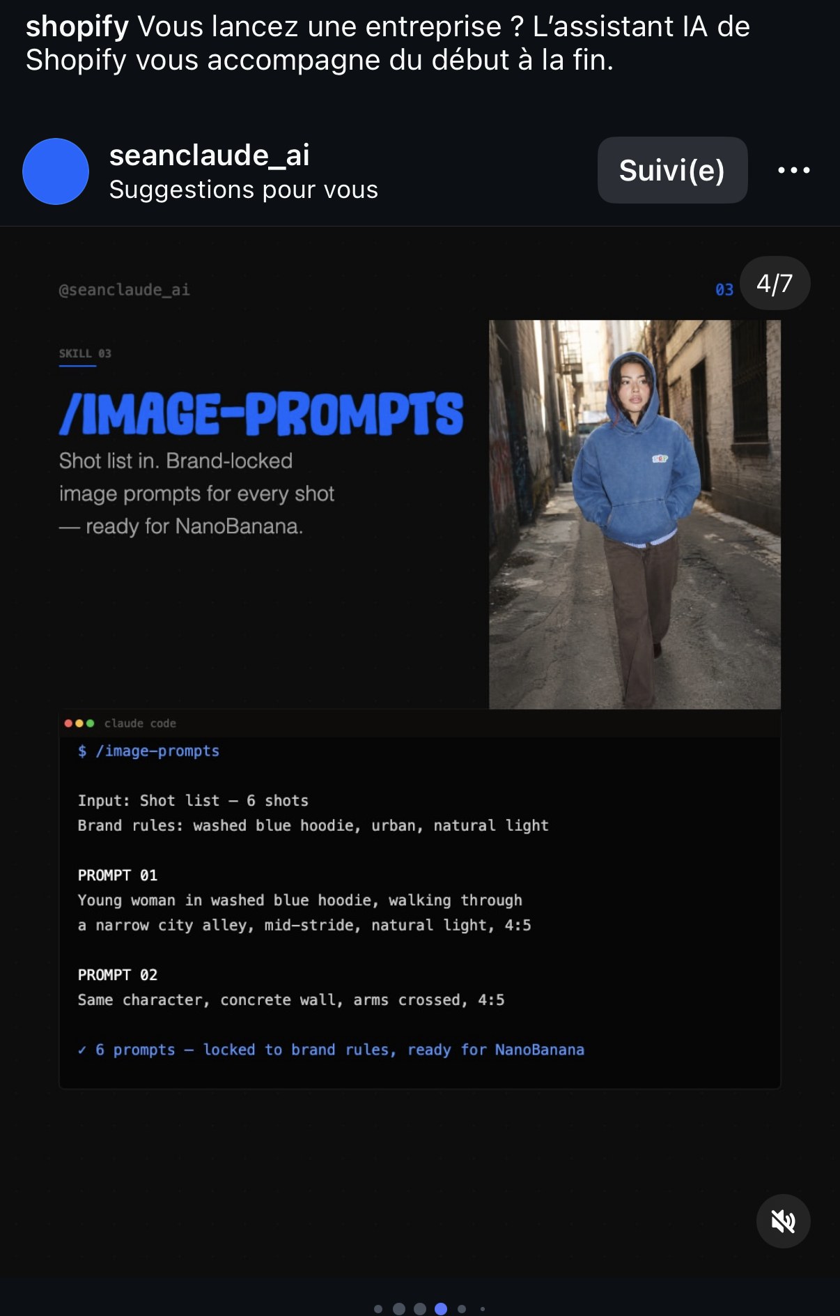 « SKILL 03 — /image-prompts » : shot list en entrée, prompts image verrouillés sur les règles de marque, prêts pour NanoBanana (6 prompts)