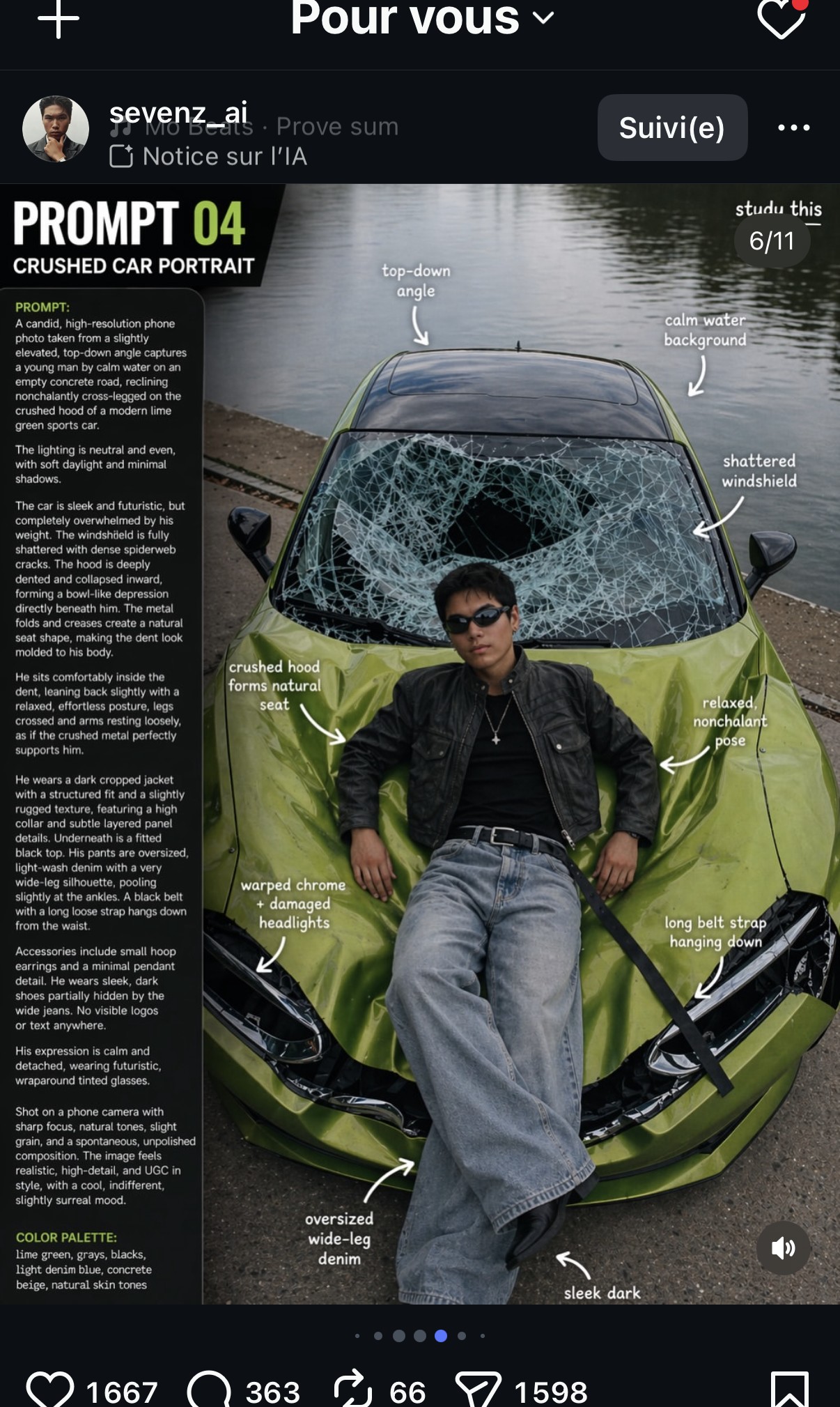 Prompt 04 « Crushed Car Portrait » — jeune homme allongé sur le capot écrasé d'une voiture sport vert citron, pare-brise brisé, style UGC téléphone
