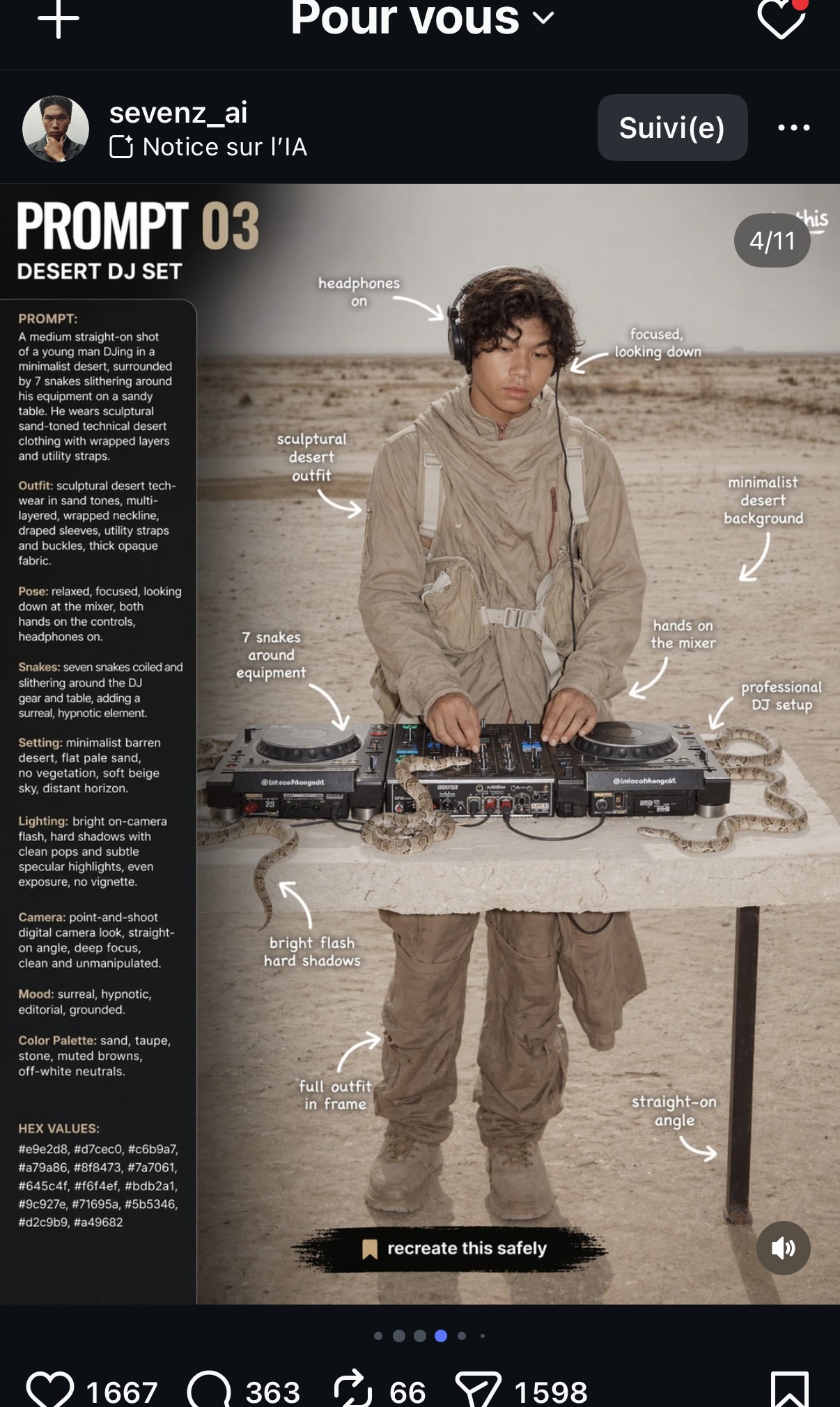 Prompt 03 « Desert DJ Set » — DJ dans le désert entouré de 7 serpents autour de sa table de mix, tenue technique sable, flash direct