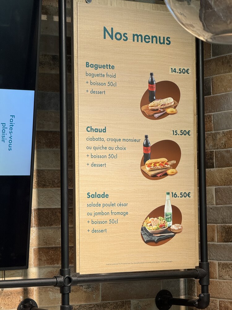 Carte des menus Shell Café — formules Baguette/Chaud/Salade avec boisson 50cl et dessert inclus