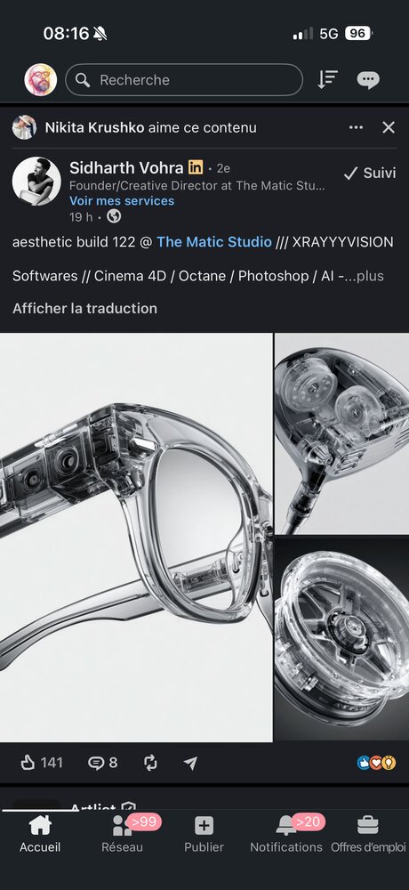 Rendu 3D d'un objet translucide façon lunettes-caméra futuriste, détails mécaniques visibles à travers le boîtier transparent