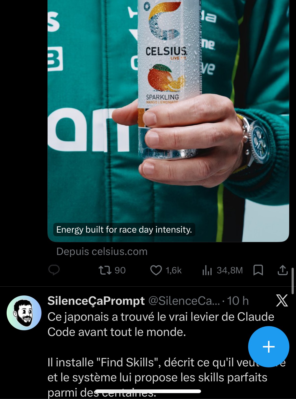 @SilenceÇaPrompt (repost d'une pub Celsius) — « Ce japonais a trouvé le vrai levier de Claude Code avant tout le monde : il installe