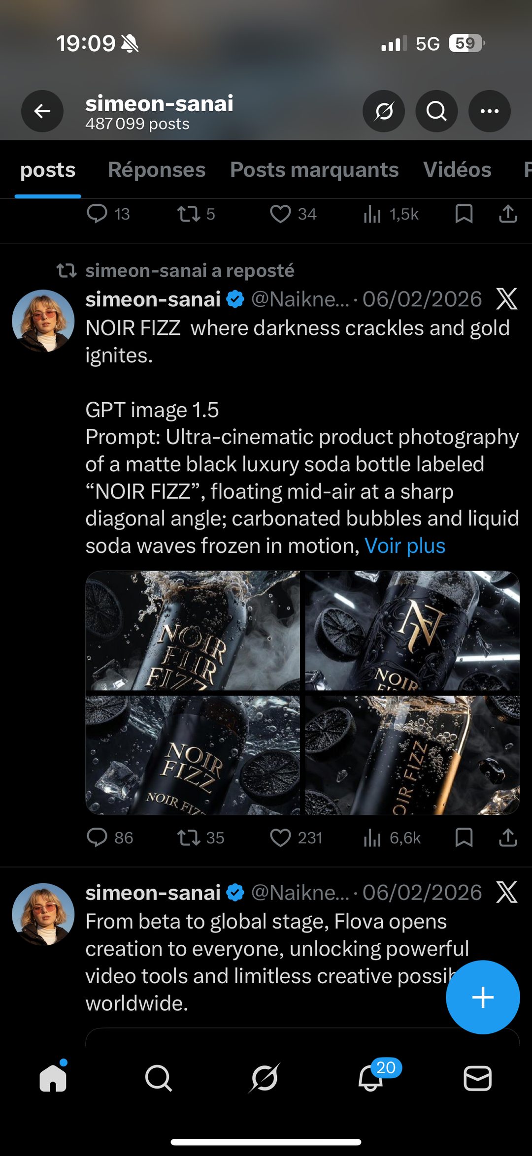 Simeon Sanai (X) — Prompt GPT Image 1.5, packshot « Noir Fizz »