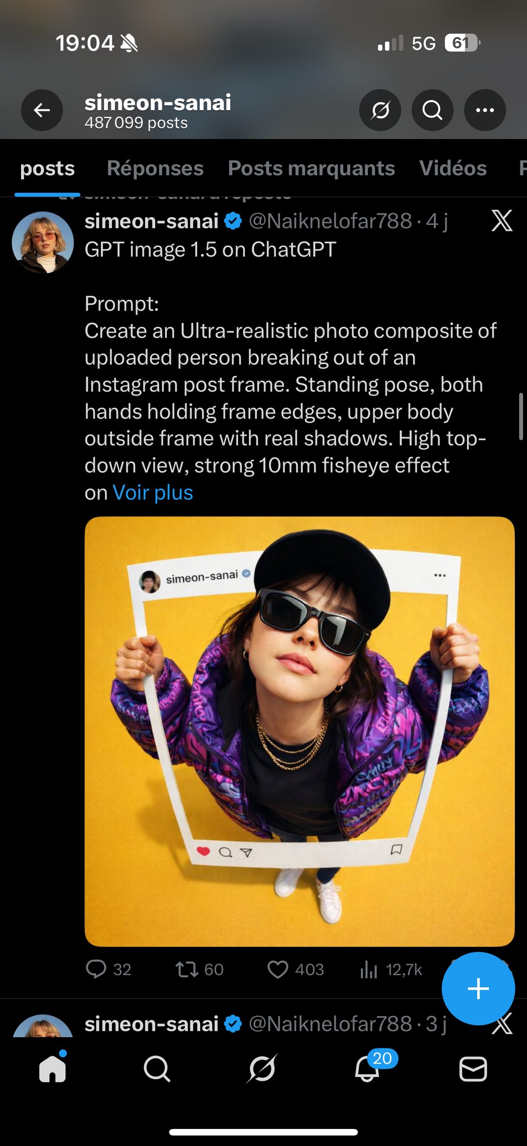 Simeon Sanai (X) — Prompt GPT Image 1.5 « sortie de cadre Instagram »