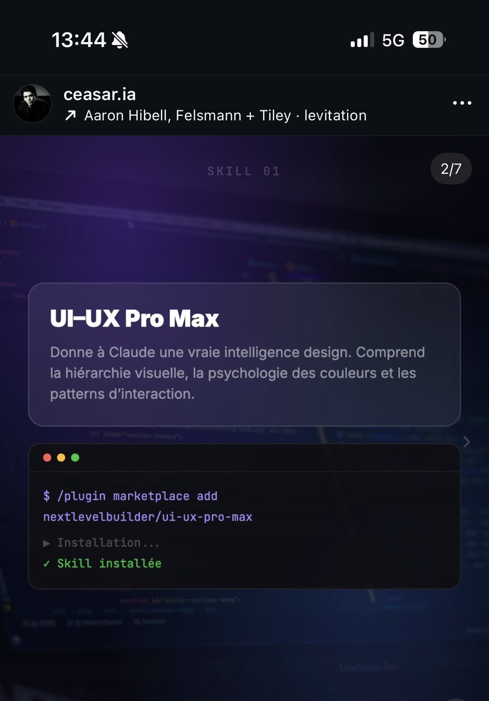 @ceasar.ia — slide SKILL 01 UI-UX Pro Max (2/7)