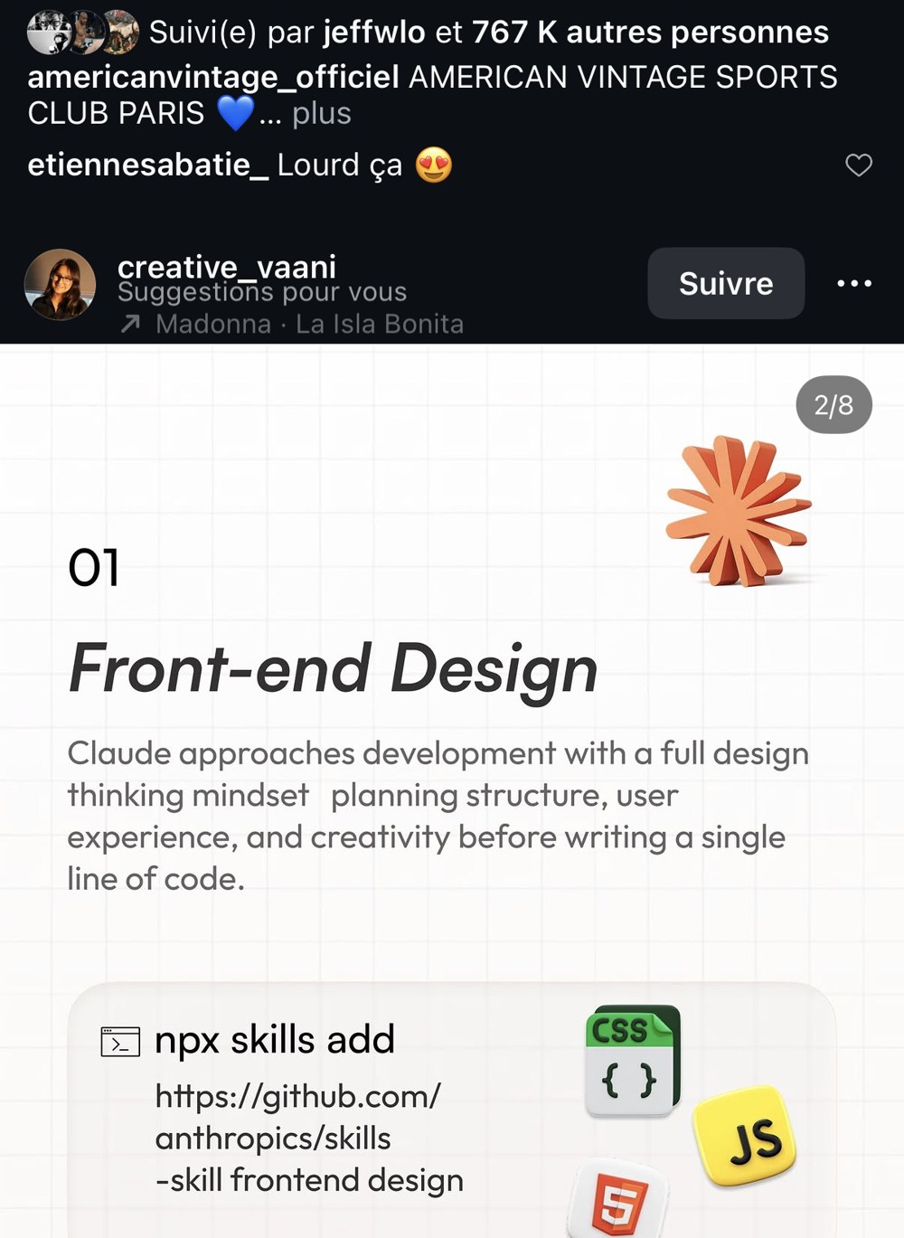 @creative_vaani — carrousel « Claude Skills for Designers », slide 01 Front-end Design (2/8)