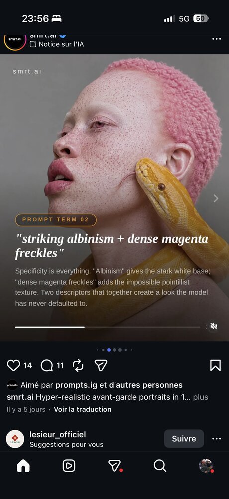 Terme de prompt 02 : « striking albinism + dense magenta freckles »