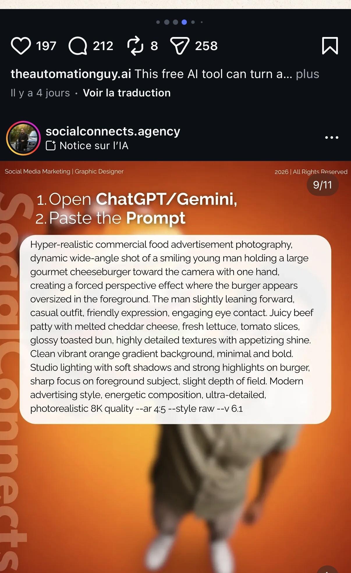 Prompt 9/11 — cheeseburger gourmet tenu en avant-plan, fond dégradé orange, style publicité alimentaire hyper-réaliste