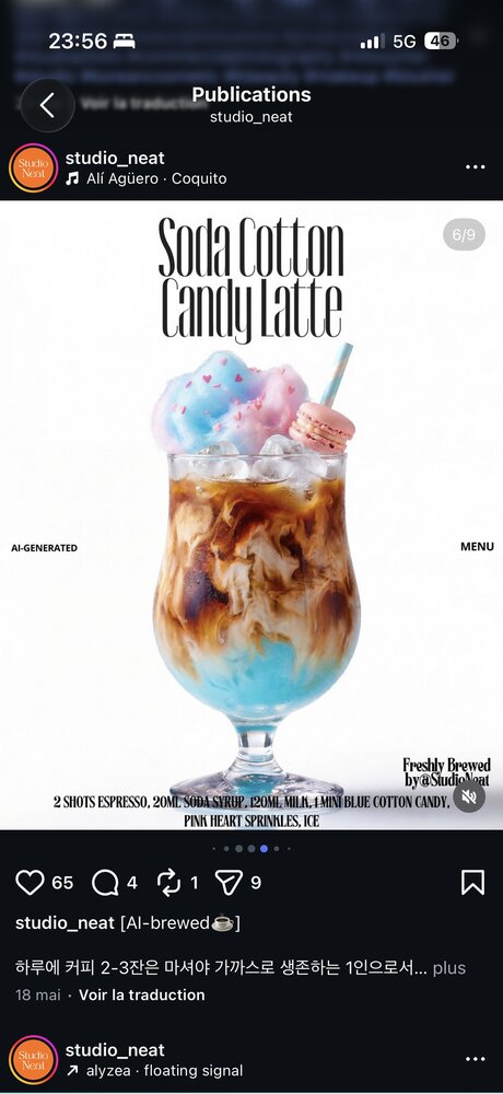 Soda Cotton Candy Latte, barbe à papa bleu/rose et macaron