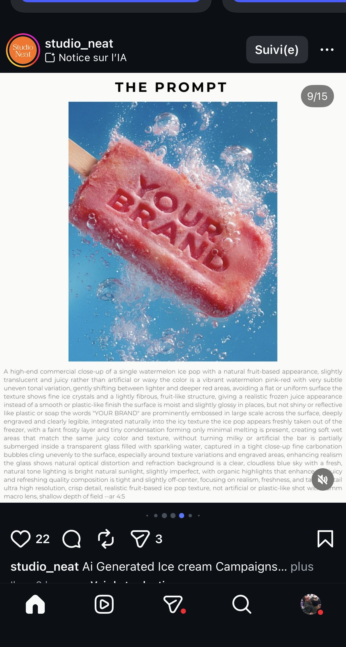 Slide 9/15 — esquimau pastèque rose-rouge éclaboussé d'eau gazeuse, texte « YOUR BRAND » gravé en relief dans la glace, fond ciel bleu