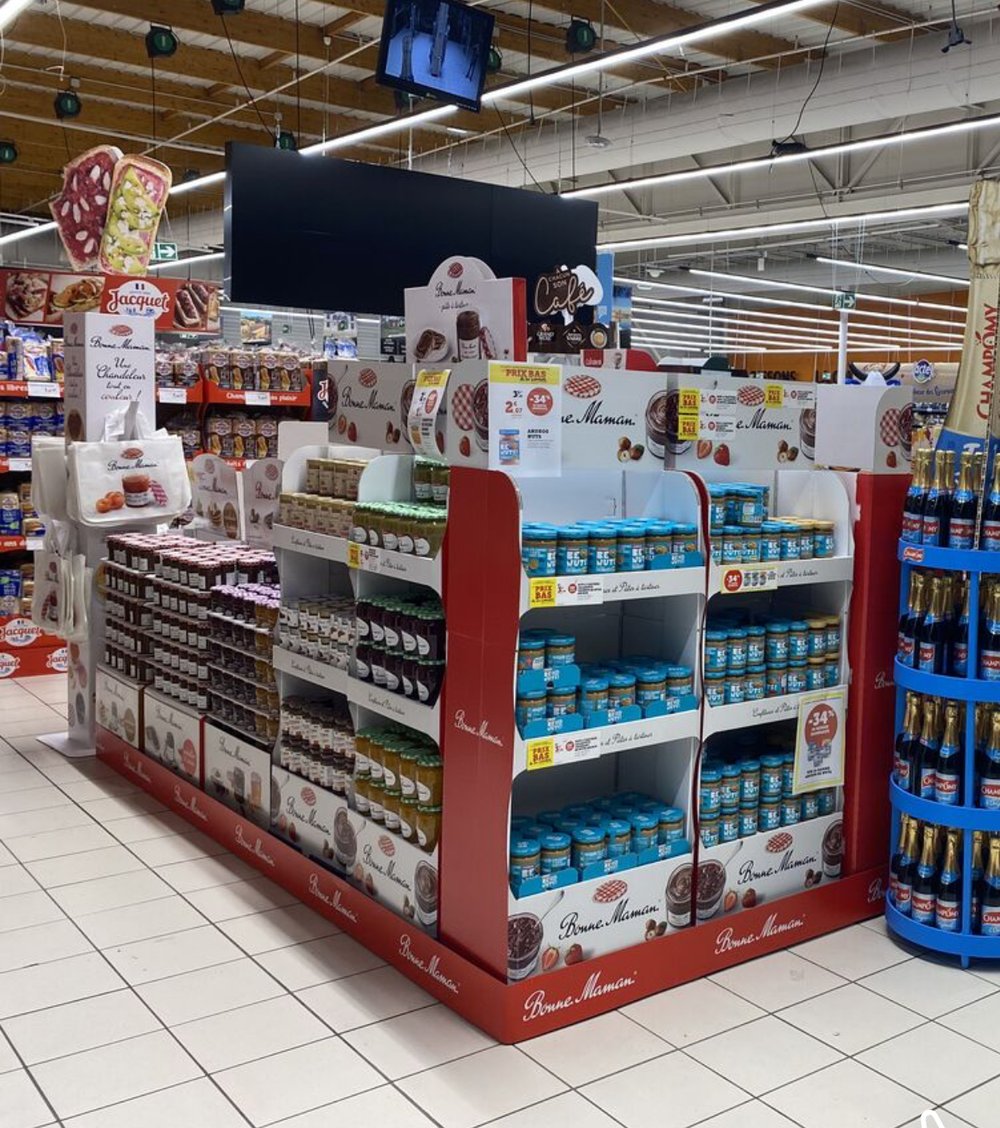 Gondole tête de gondole confitures Bonne Maman en Super U pour la Chandeleur