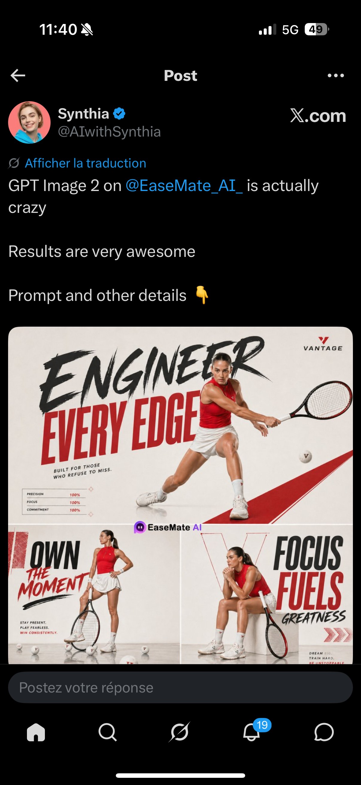 Résultat GPT Image 2 sur @EaseMate_AI_ — triptyque publicitaire tennis premium marque fictive « Vantage »
