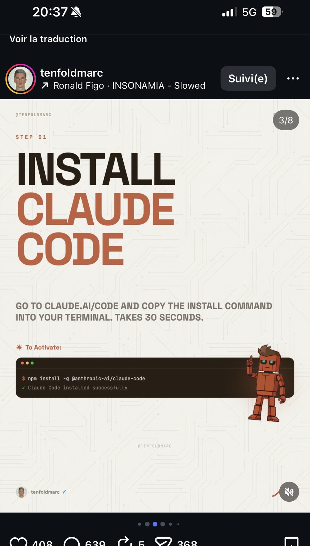 Étape 1 — Installer Claude Code (npm install -g @anthropic-ai/claude-code)