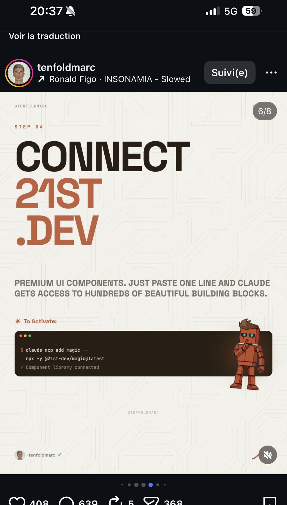 Étape 4 — Connecter 21st.dev via MCP (claude mcp add magic)