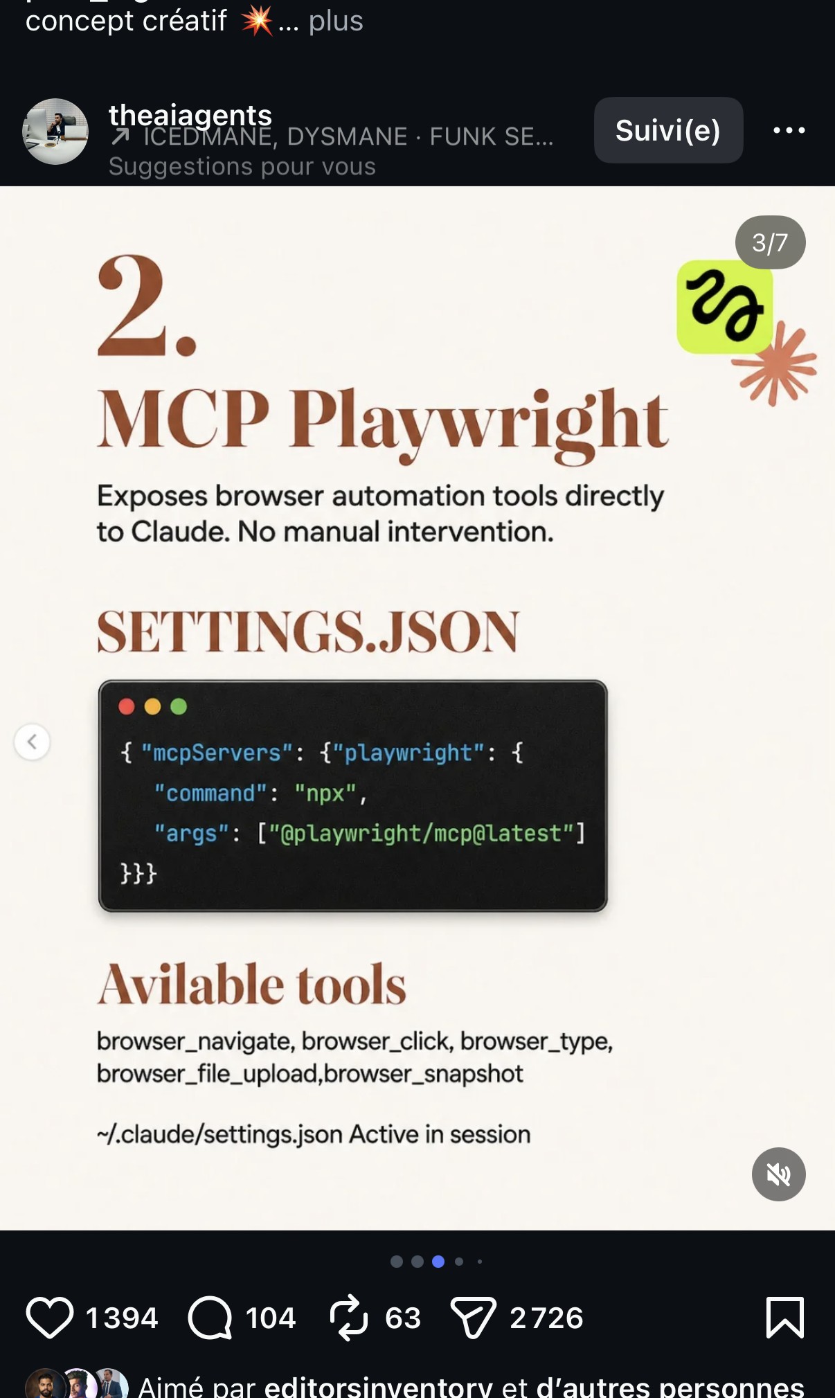 2. MCP Playwright — outils d'automatisation navigateur exposés directement à Claude sans intervention manuelle, config dans settings.json