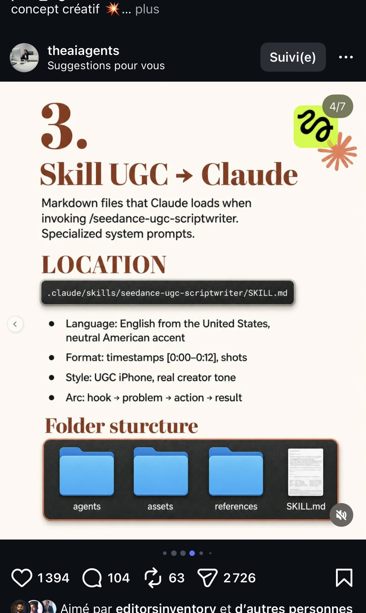 3. Skill UGC → Claude — fichiers markdown spécialisés invoqués par Claude (anglais US, format UGC iPhone, arc accroche/problème/action/résultat)