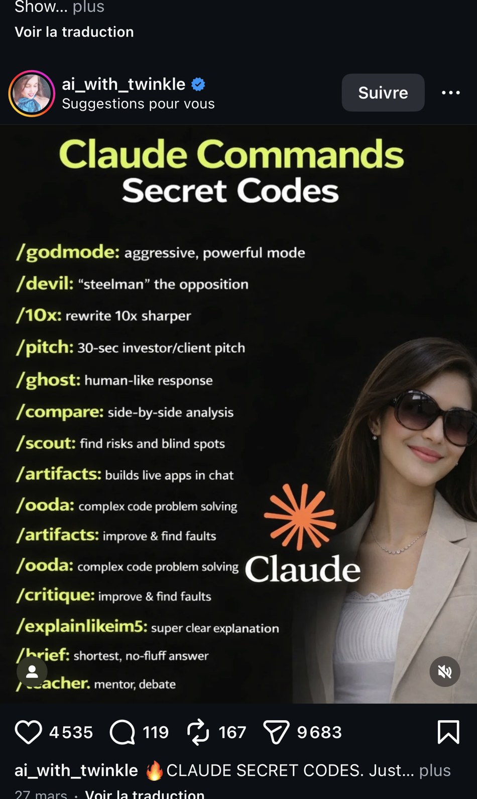 ai_with_twinkle — « Claude Commands Secret Codes », liste /godmode /devil /10x /pitch /ghost /compare /scout /artifacts /ooda /critique /explainlikeim5 /brief