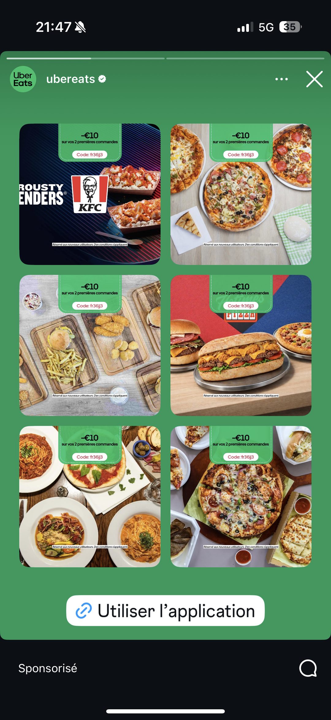 Publicite Uber Eats KFC pizza burger code promo