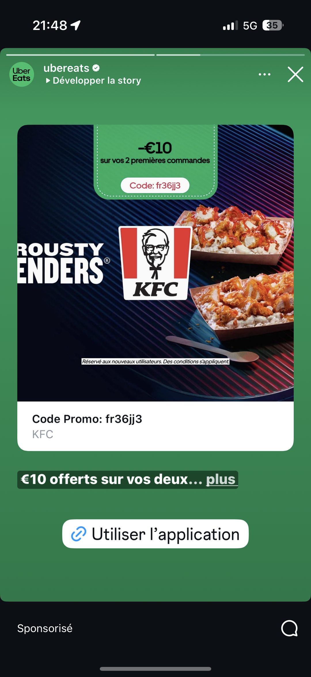 Story dédiée KFC « Crousty Tenders » avec le même code promo, mise en avant produit isolée