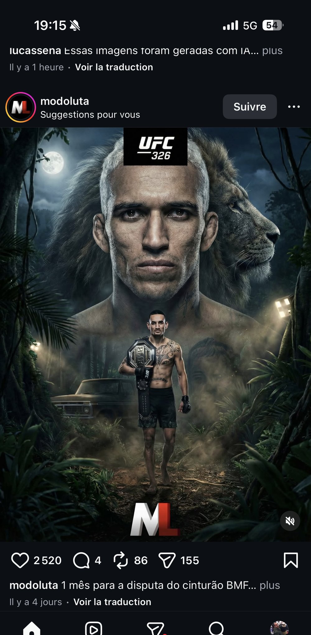 Affiche UFC 326 combattant loup silhouette sombre