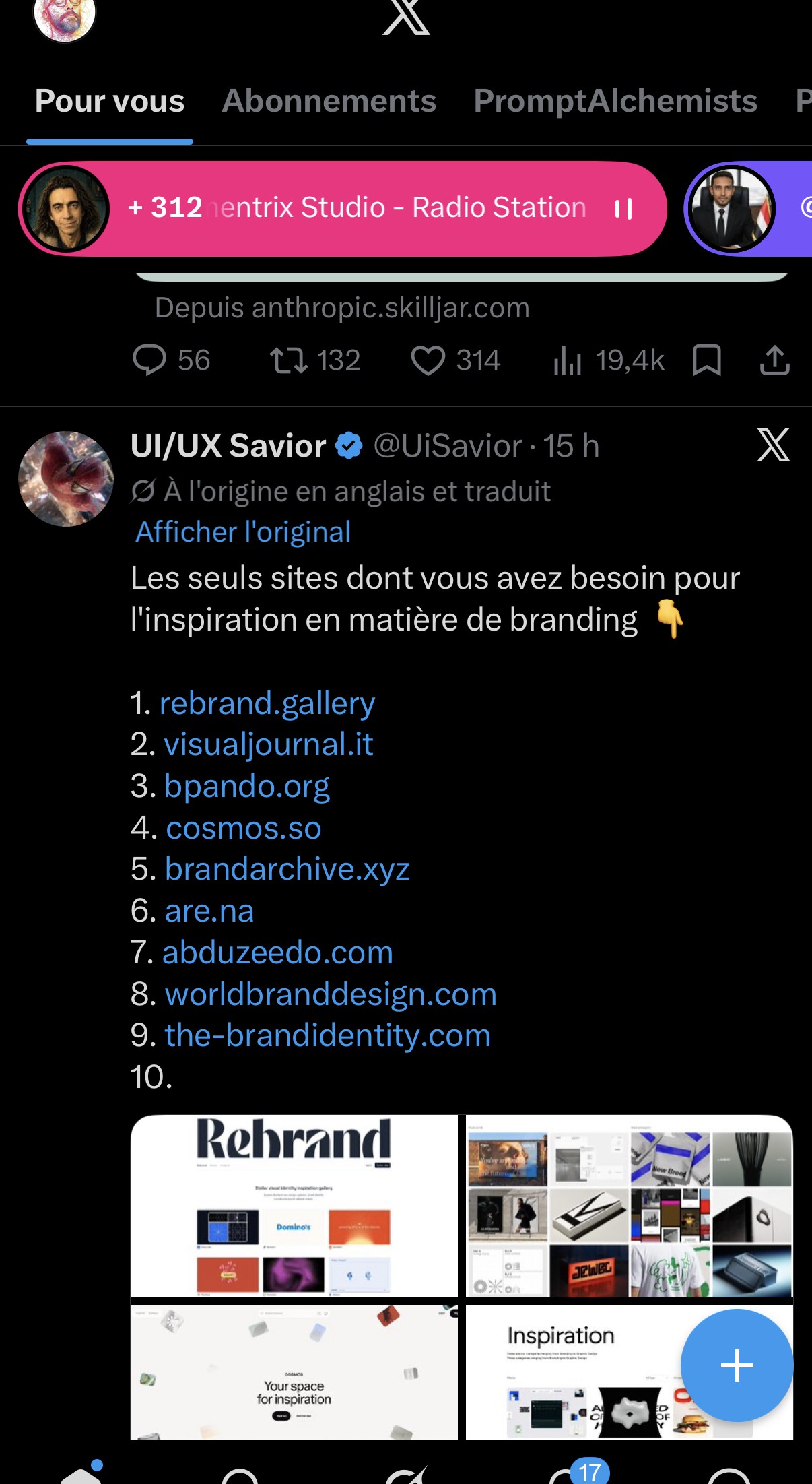 « Les seuls sites dont vous avez besoin pour l'inspiration en matière de branding » : rebrand.gallery, visualjournal.it, bpando.org, cosmos.so, brandarchive.xyz, are.na, abduzeedo.com, worldbranddesign.com, the-brandidentity.com