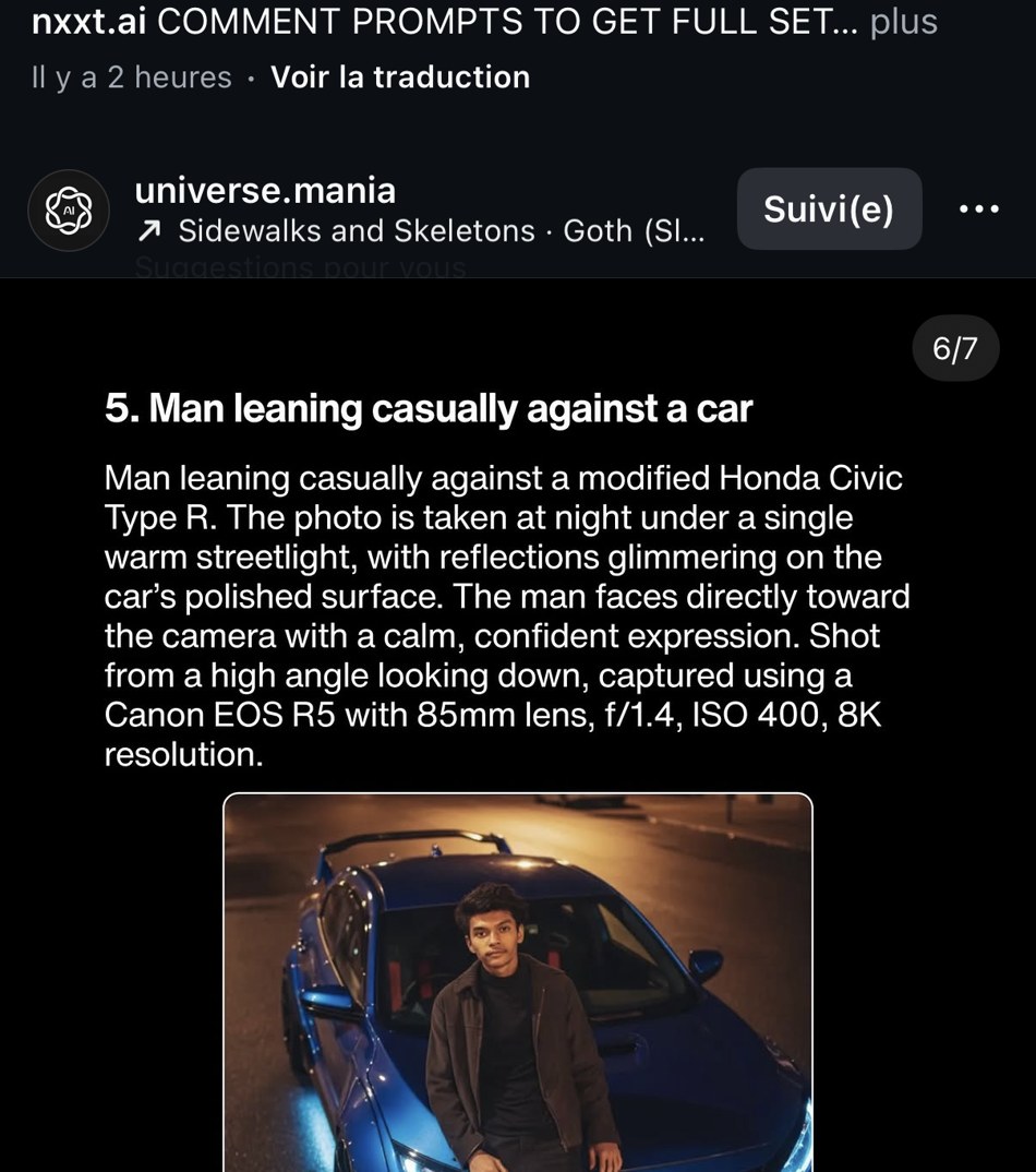 universe.mania — « 5. Man leaning casually against a car », exemple Honda Civic Type R de nuit