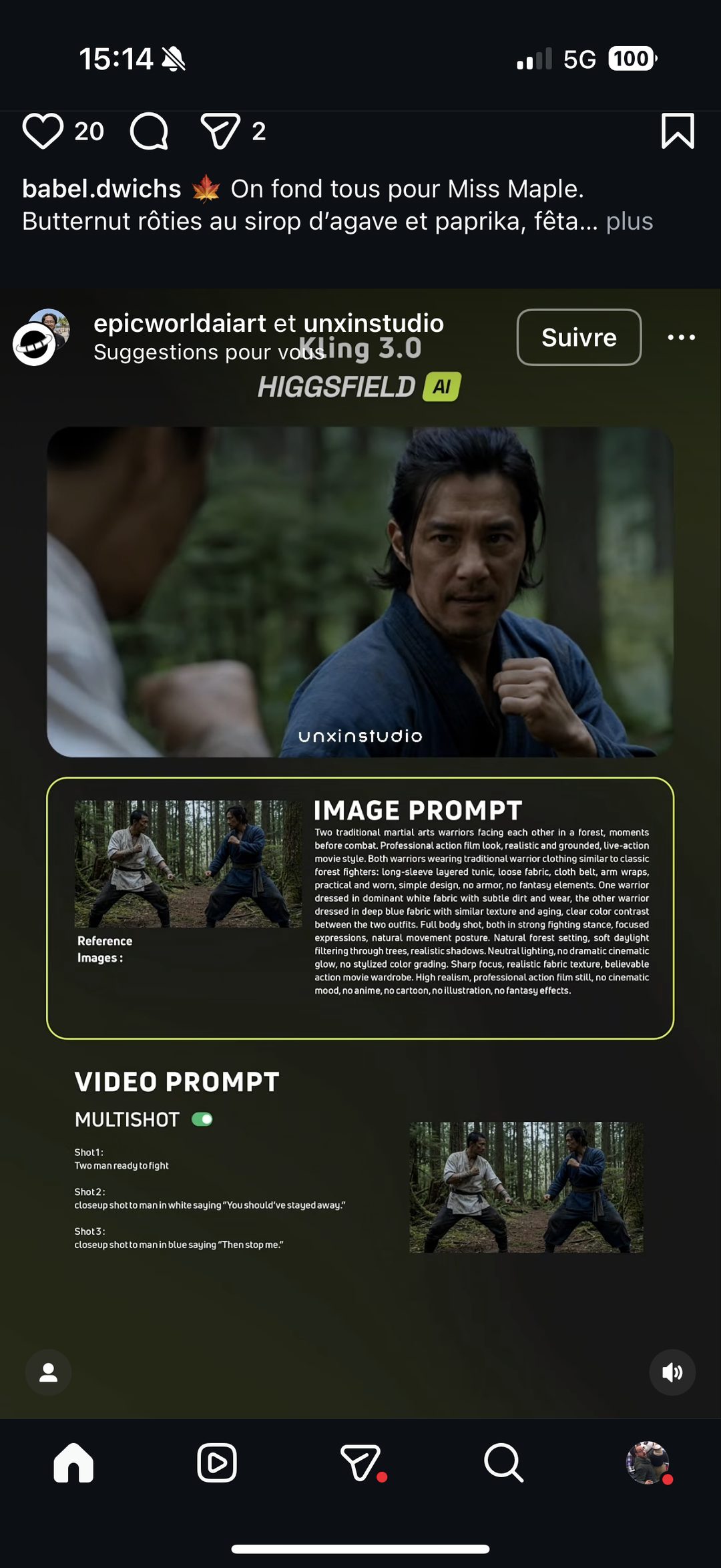 Détail du prompt complet — « Image Prompt » (description exhaustive costumes/décor/lumière) + « Video Prompt » multishot en 3 plans avec dialogues
