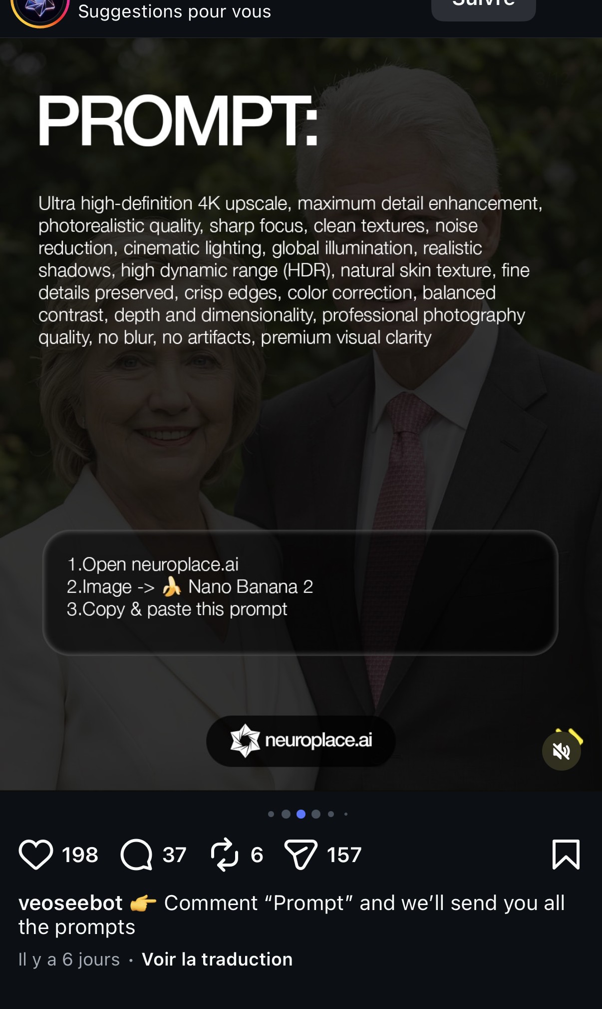 Prompt 11/12 — amélioration/upscale 4K « photoréaliste » appliqué à une photo de couple de personnalités publiques (Bill et Hillary Clinton), aucune mention de consentement