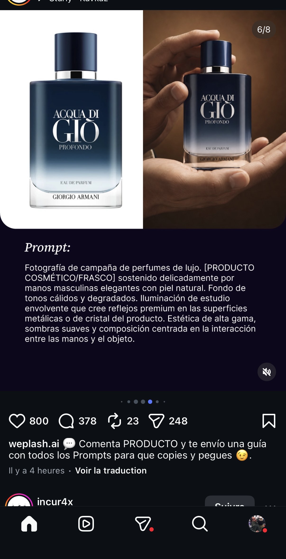 Giorgio Armani Acqua di Gio Profondo — prompt « Fotografía de campaña de perfumes de lujo... manos masculinas elegantes »