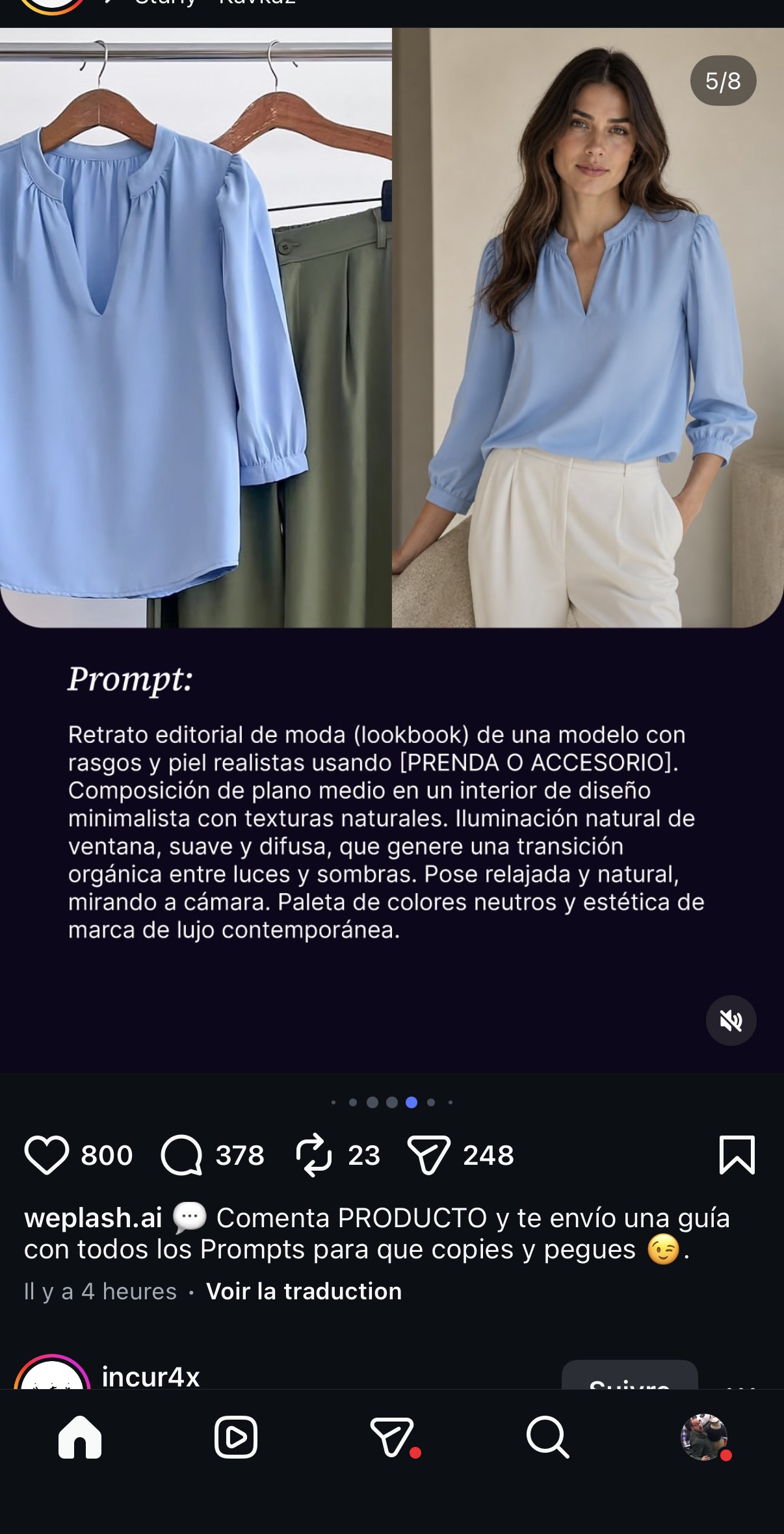 Blouse bleue — photo à plat vs portrait éditorial mode, prompt « Retrato editorial de moda (lookbook)... »