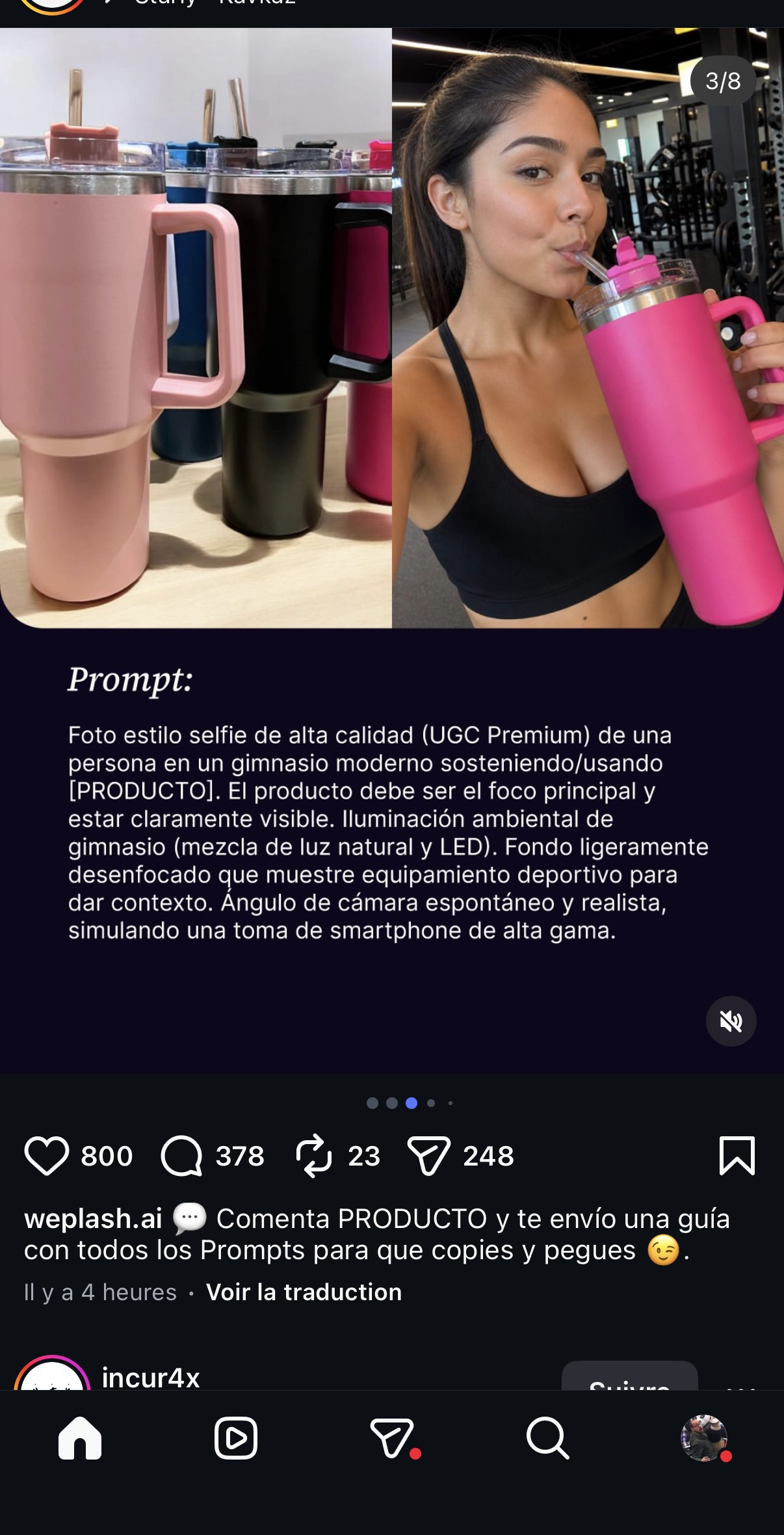 Gourdes de sport — photo produit vs selfie UGC en salle de sport, prompt « Foto estilo selfie de alta calidad (UGC Premium)... »