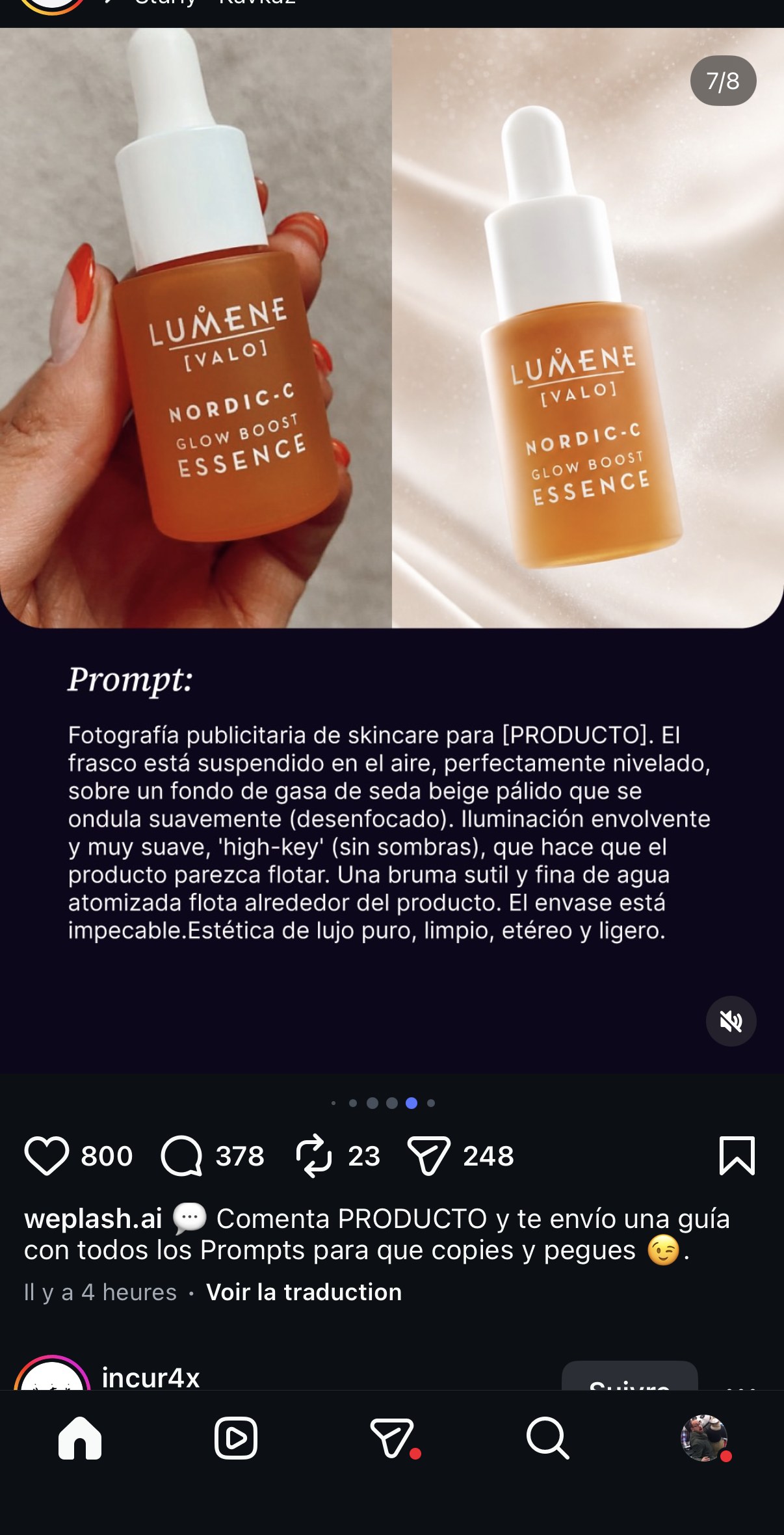 Lumene Nordic-C Glow Boost Essence — flacon en lévitation, prompt « Fotografía publicitaria de skincare... estética de lujo puro, etéreo »