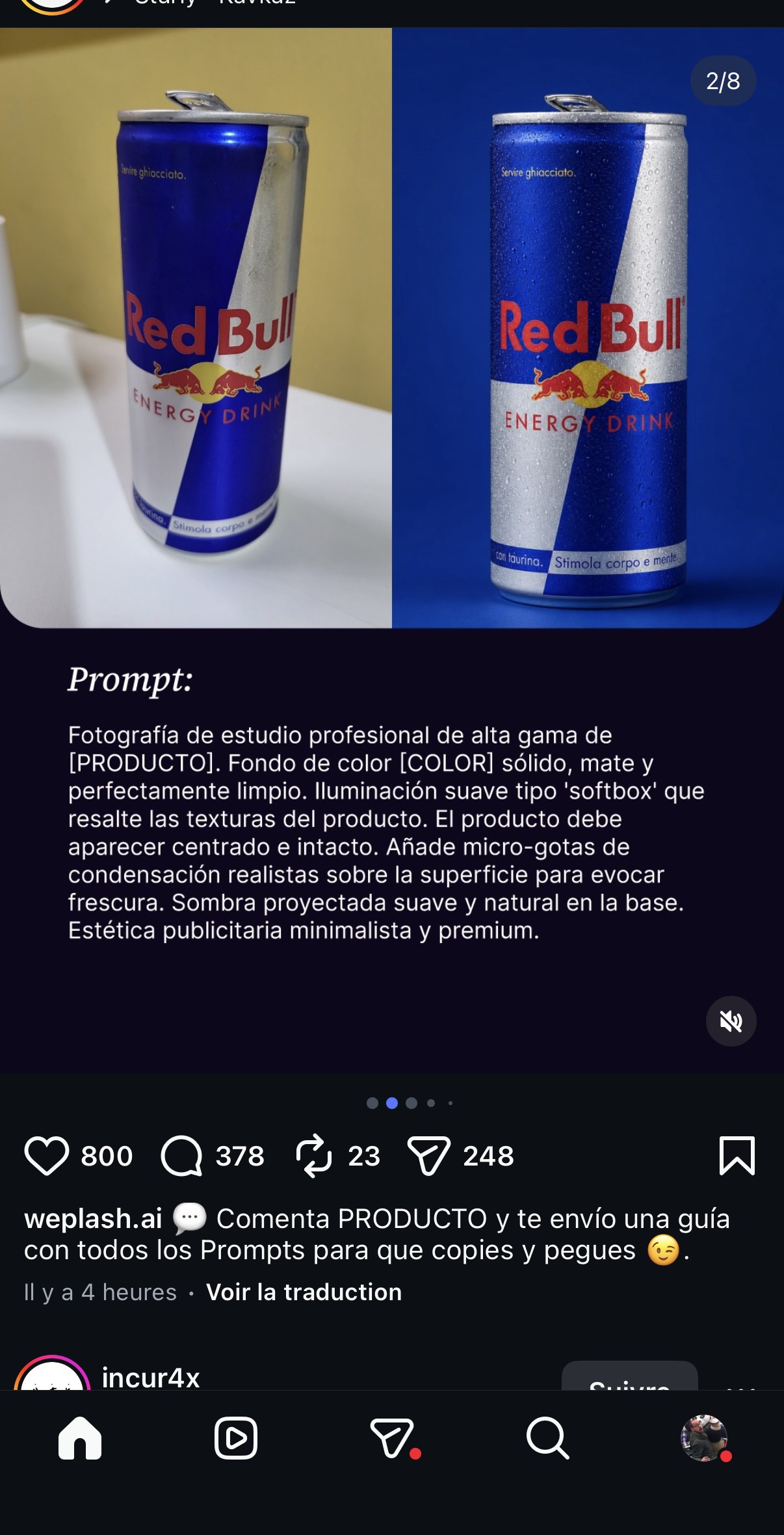 Red Bull — photo produit brute vs rendu studio haut de gamme, prompt « Fotografía de estudio profesional de alta gama... »