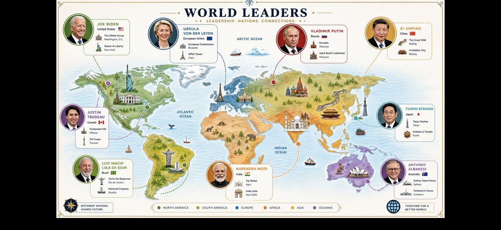 Carte du monde illustrée avec portraits encadrés de 8 chefs d'État reliés à leur monument national par des pointillés