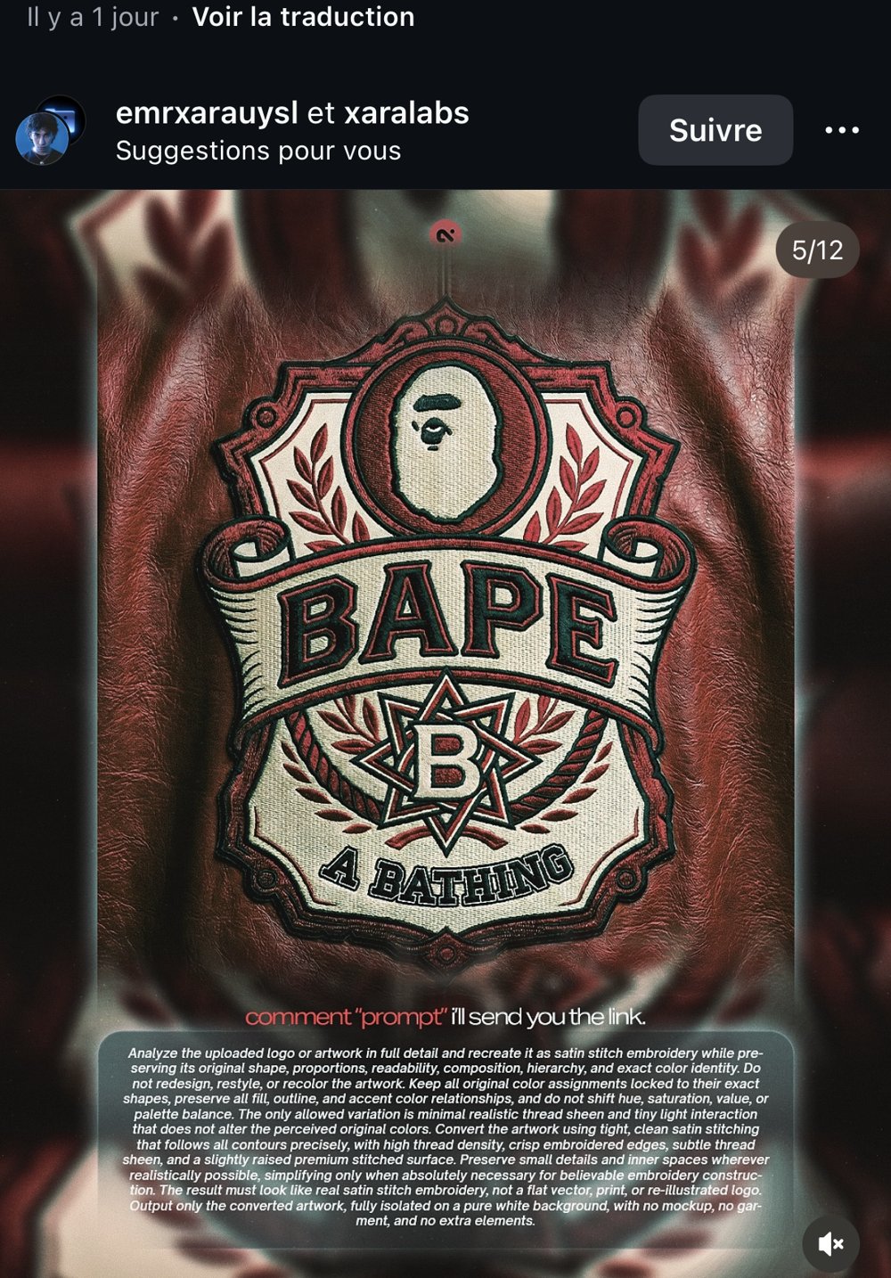 Logo BAPE recréé en broderie point de satin (slide 5/12)