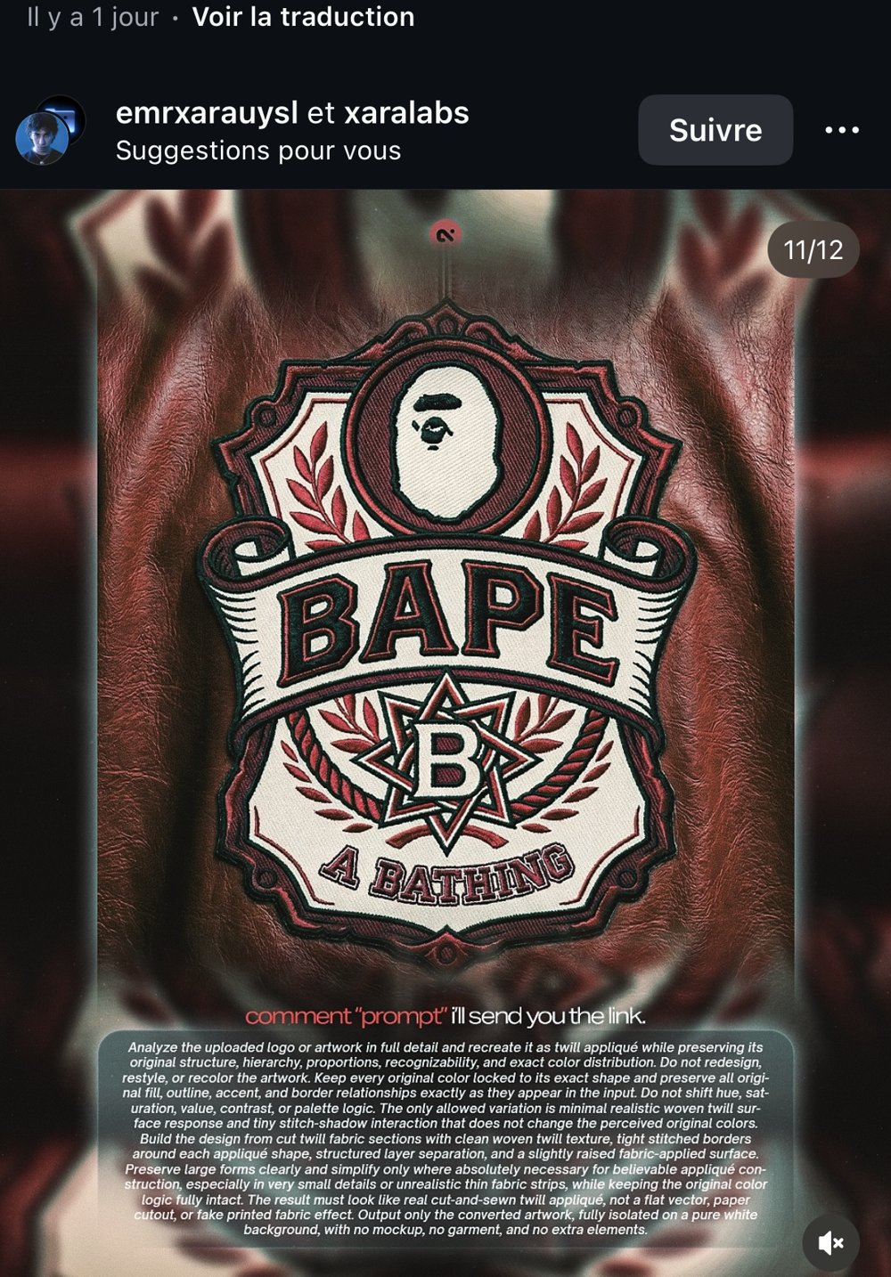 Logo BAPE recréé en appliqué twill cousu (slide 11/12)
