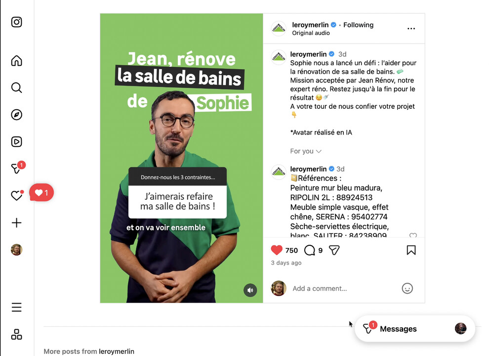« Jean Renov » — avatar IA pour l'Instagram de Leroy Merlin