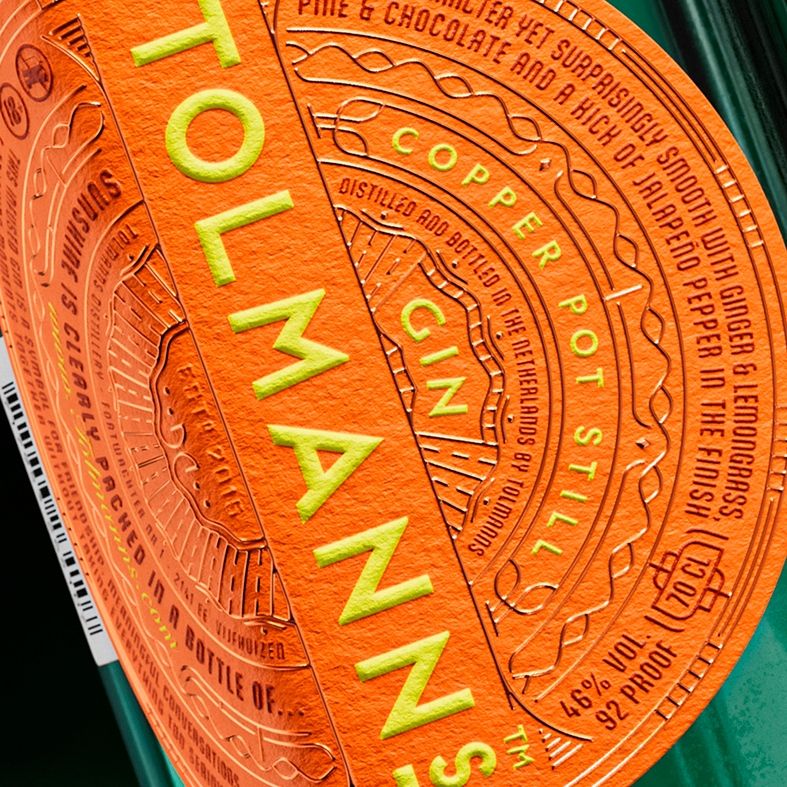 Tolmanns Gin — bouteille « sunshine » et cork durable (design VHD)