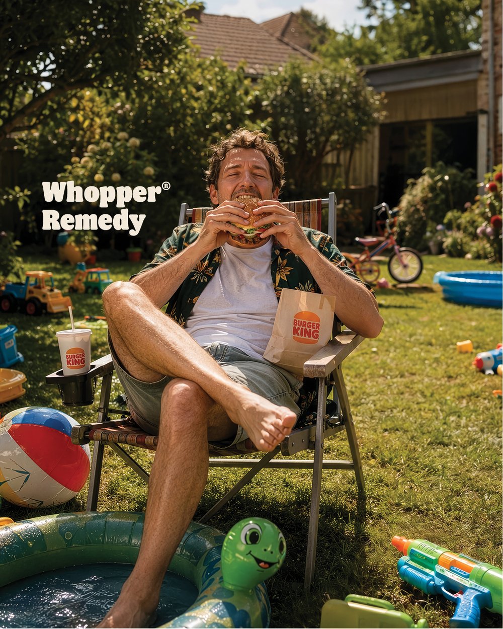 Burger King Whopper Remedy - homme mangeant un burger au jardin