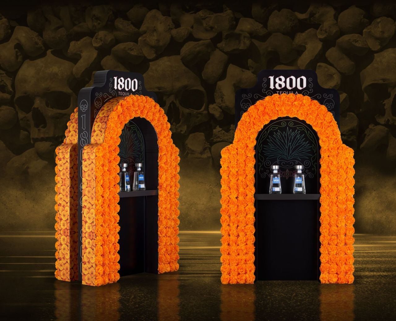 1800 Tequila — display Dia de los Muertos, arche de soucis (marigolds) 3